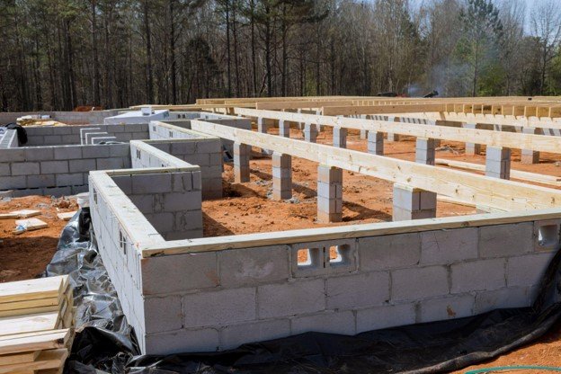 Concrete block foundation with floor framing system installed during new home construction in Beachwood, OH